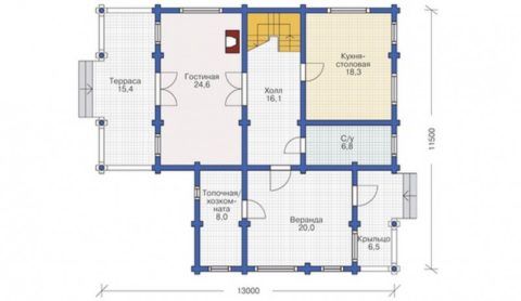 План первого этажа дома с устройством лестницы в холле