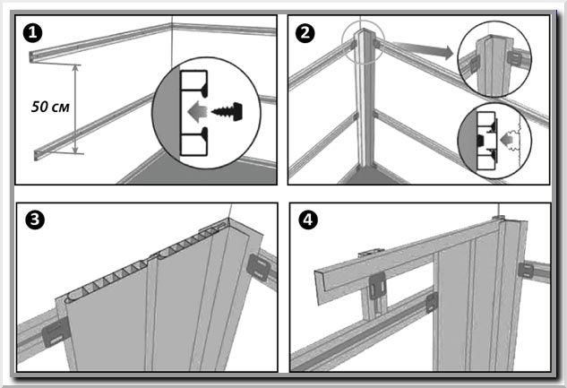 Схема обустройства ПВХ панелей на направляющие с кляймерами
