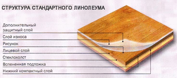 Структура линолеума Линолеум состоит из нескольких слоев, где защитный - оберегает материал от быстрого износа и делит его на классы