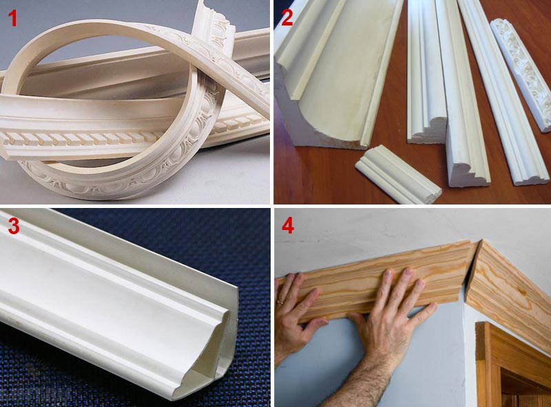 Варианты потолочных плинтусов Варианты потолочных плинтусов из разных материалов