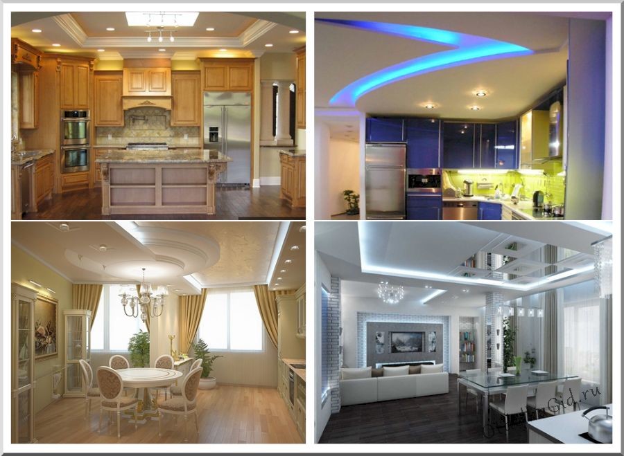 Потолок из ГКЛ на кухне в разных стиля