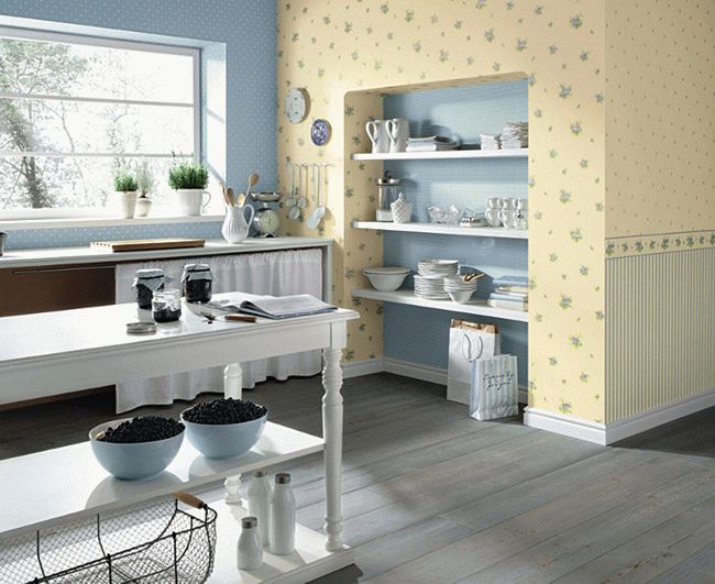 Контрастные обои Для выделения двух разных зон на кухне, можно использовать контрастное сочетание обоев