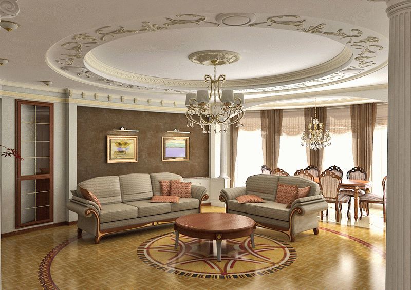 Потолок с декором Многоуровневый потолок из гипсокартона, оформленный лепным декором