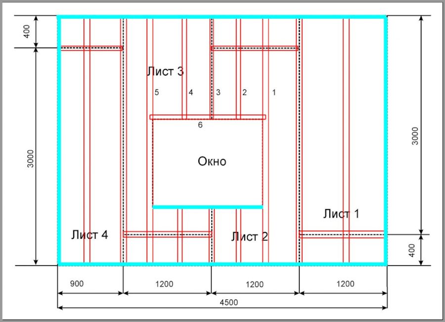 Схема крепления листов ГКЛ на стене с окном