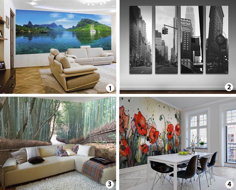 Виды фотообоев Виды фотообоев по расположению рисунка: 1 - зональные, 2 - модульные, 3 - угловые, 4 – панорамныеВиды фотообоев по расположению рисунка: 1 - зональные, 2 - модульные, 3 - угловые, 4 – панорамные