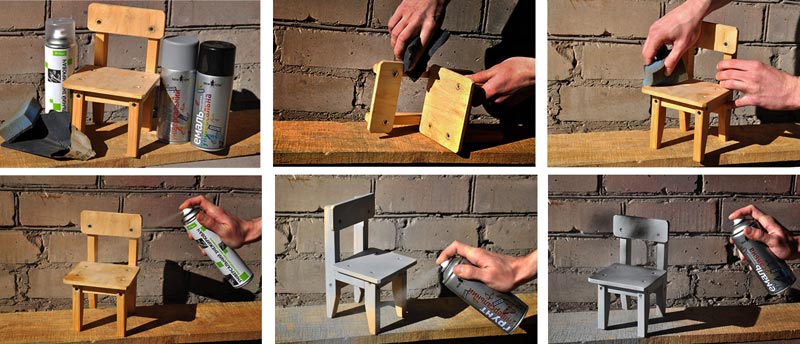 Этапы окрашивания стула Этапы подготовки и окрашивания деревянного изделия: ошкуривание, удаление пыли, обезжиривание, грунтовка и окрашивание