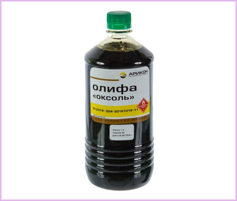 Олифа Оксоль Олифа Оксоль на 55% состоит из натурального масляного компонента, на 40 – из растворителя, уайт-спирита, на 5% из сиккатива, поэтому по сравнению с натуральной олифой ее стоимость ниже и сохнет она быстрее