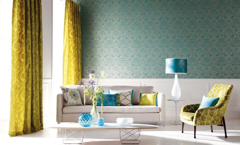 Желтые портьеры Отлично дополняют друг друга голубые и желтые оттенки