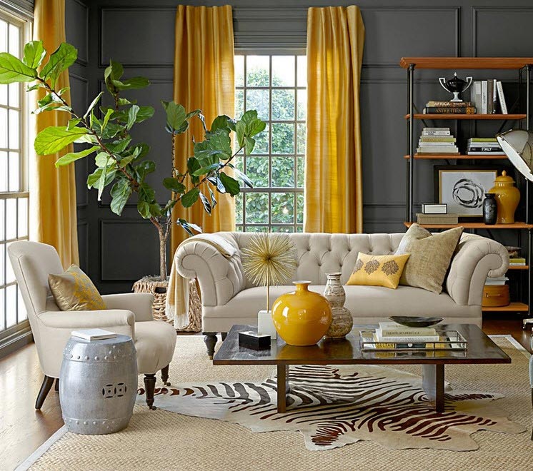 Сочетание серого с желтым Яркие желтые гардины на фоне серых стен