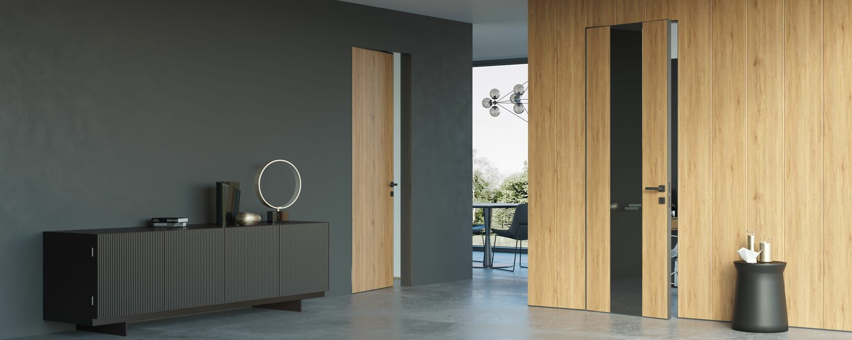 Купить скрытые двери в шпоне, в грунте, в ламинации недорого в Москве