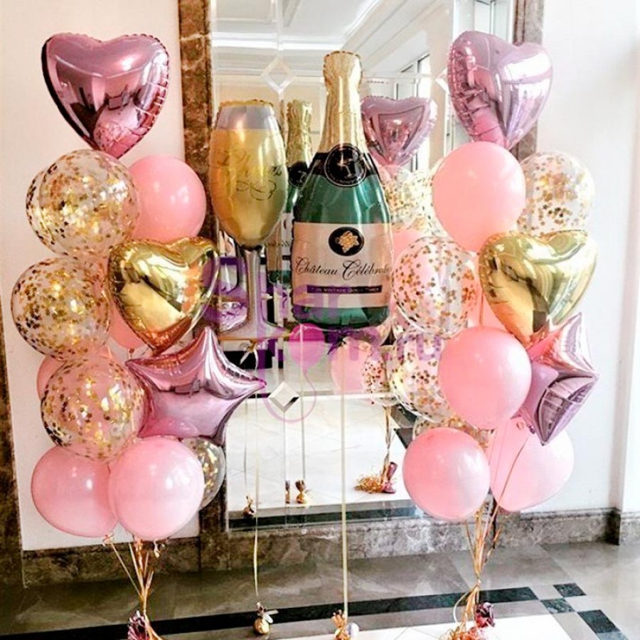 Шары воздушные на день рождения с бутылкой шампанского купить в Москве , воздушные шары в Москве, гелиевые воздушные шары на праздник