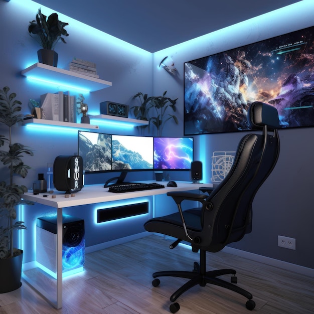 Uma mesa de computador com uma cadeira preta e um pôster que diz 'game of thrones' | Foto Premium